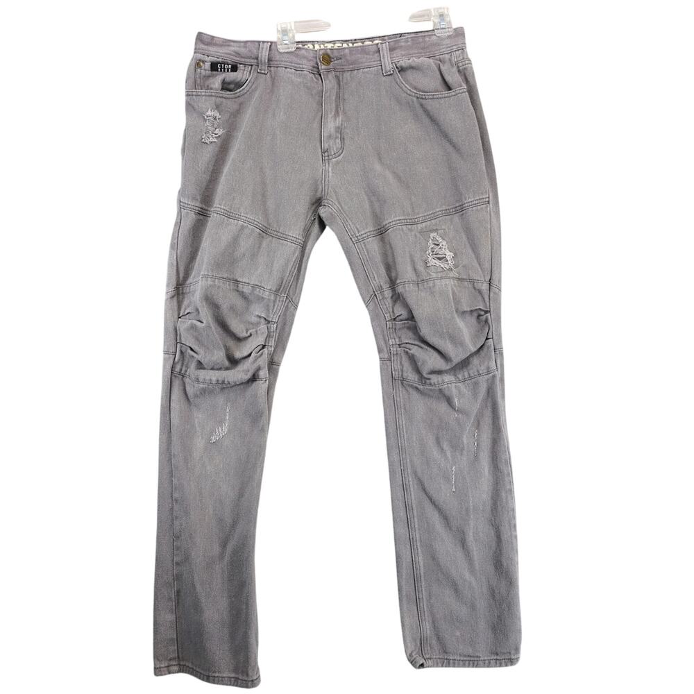 Contender Gray Wash Jeans Men's 36x32 Double Knee Distressed Mid-Rise Streetwear
